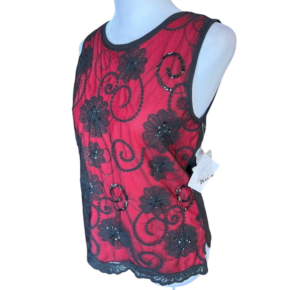 Joseph A. NEW Red Black Tank Top with Floral Lace Design & Beads Size Medium